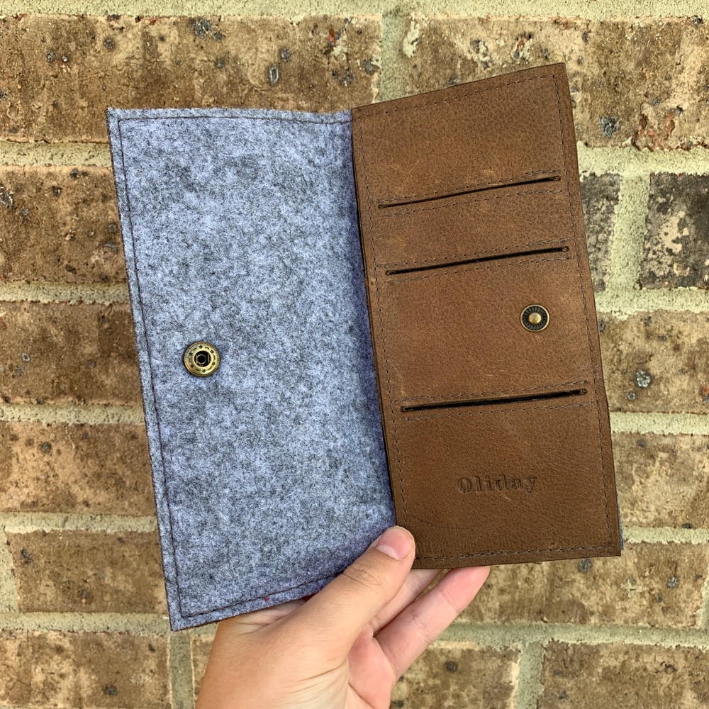 Oliday Brown Leather Felt Bifold Button Wallet